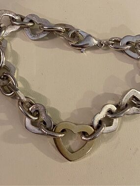 Two-Tone Heart Link Bracelet Gold & Silver Tone 7.25” Chunky Chain